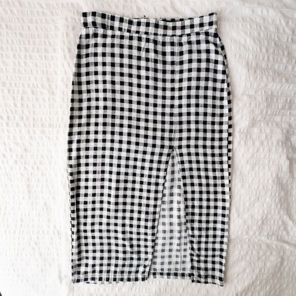 Zara Black White Gingham Front Slit Midi Skirt | Preppy Office Academia | Size L - Picture 1 of 14